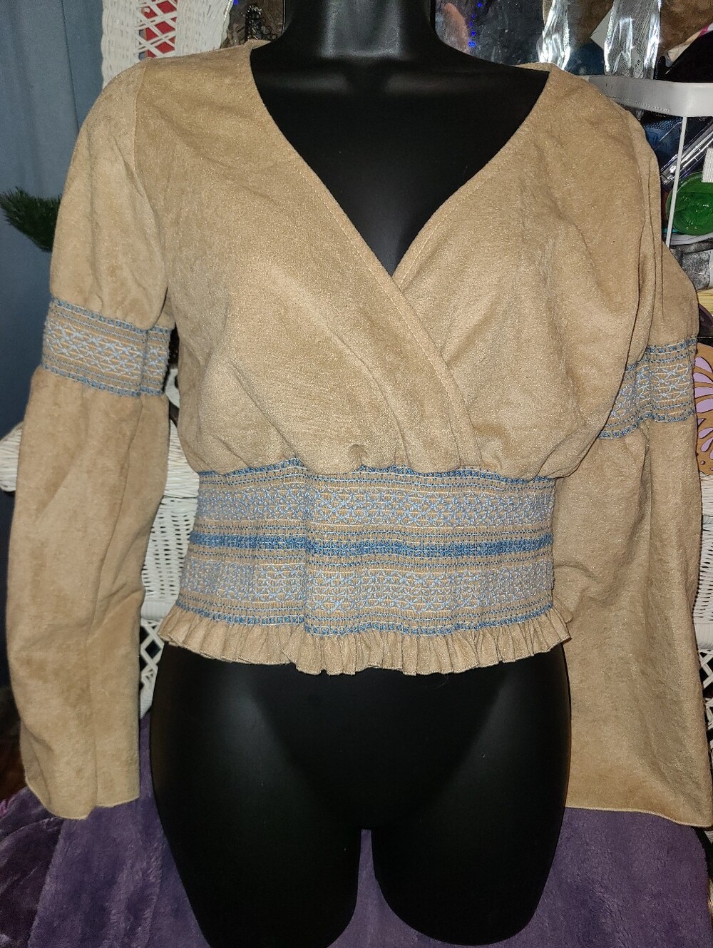 Faux Suede Western Styled Long Bell Sleeve Indie Top